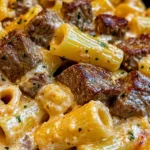 Cajun Steak Tips in Cheesy Rigatoni Parmesan Sauce