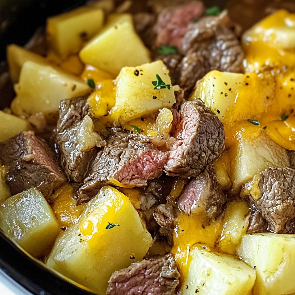 Slow Cooker Steak and Cheddar Potato Casserole