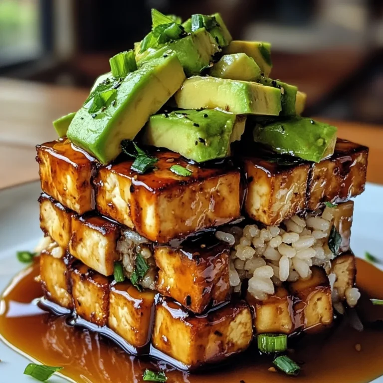 Crispy Teriyaki Tofu and Avocado Rice Stack