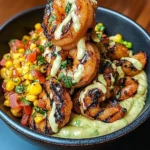 Grilled Shrimp Bowl with Avocado, Corn Salsa & Creamy Sauce