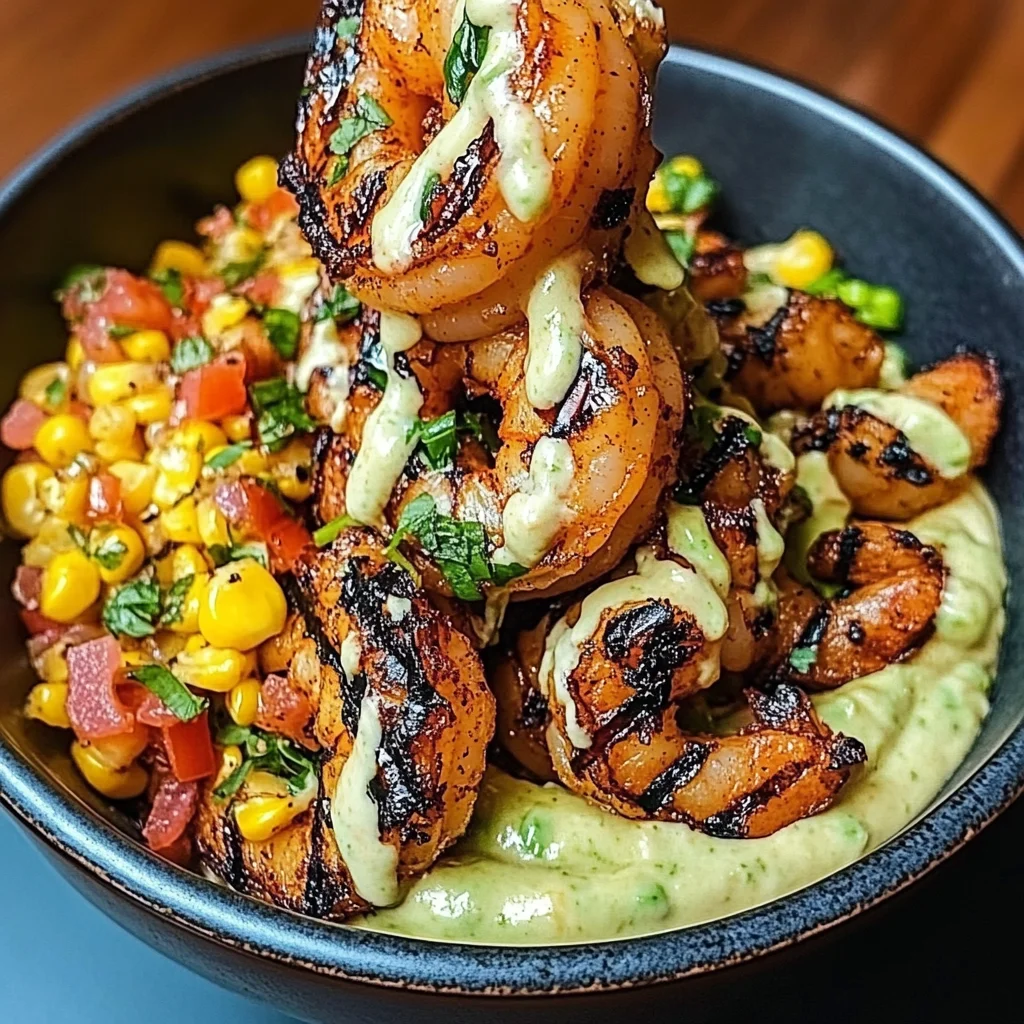 Grilled Shrimp Bowl with Avocado, Corn Salsa & Creamy Sauce