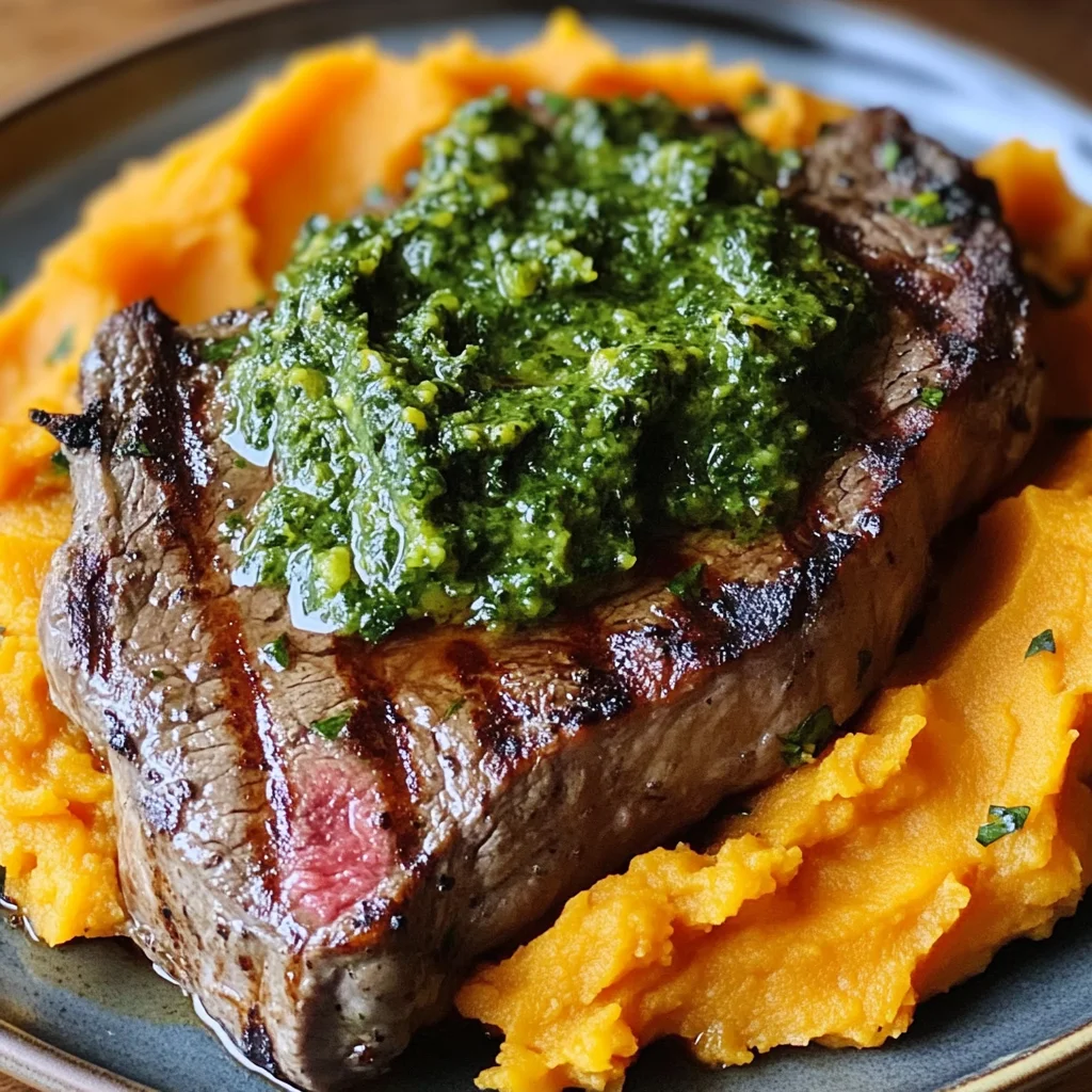 Steak with Green Sauce and Mashed Sweet Potatoes