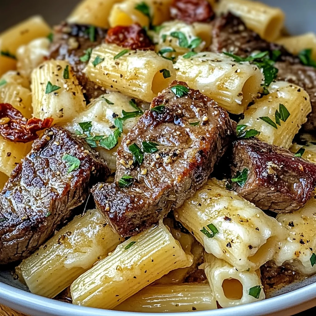 Garlic Butter Steak Tips with Cheesy Rigatoni